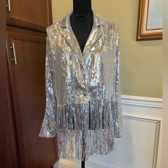 Ashley Stewart Shimmering Silver Fringe Blazer - Picture 2 of 10